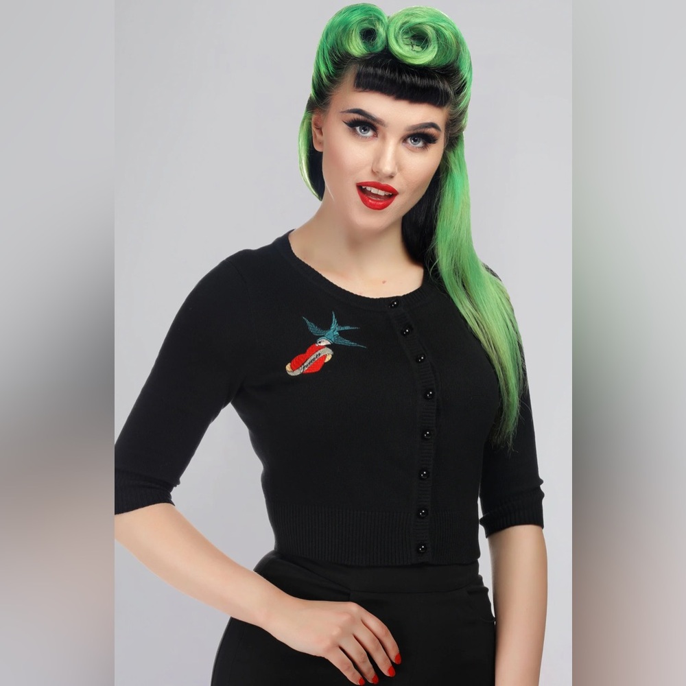 Collectif Black Pinup Cardigan with Embroidered True Love Detail